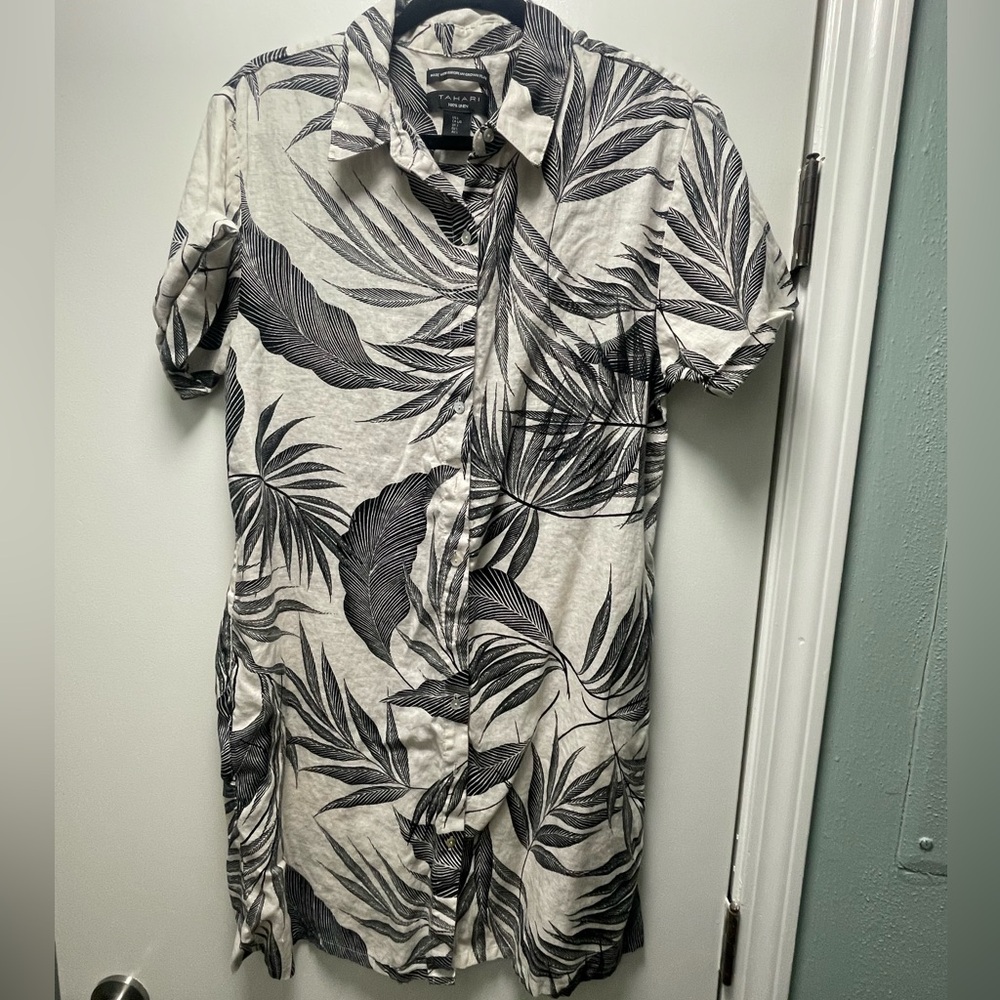 Black and White Leaf Print Linen Dress